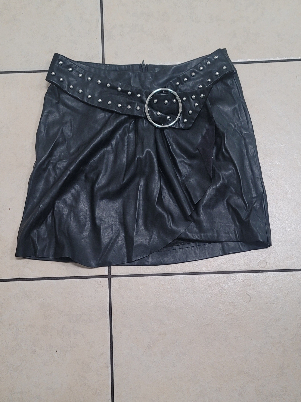 Studded Stunning Faux Leather Black Mini Skirt with Buckle